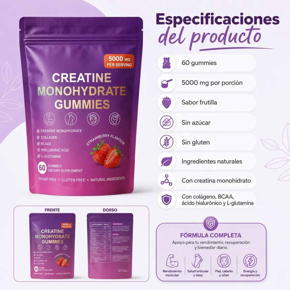 Creatina Monohidratada En Gomitas Mujer Sabor Frutilla