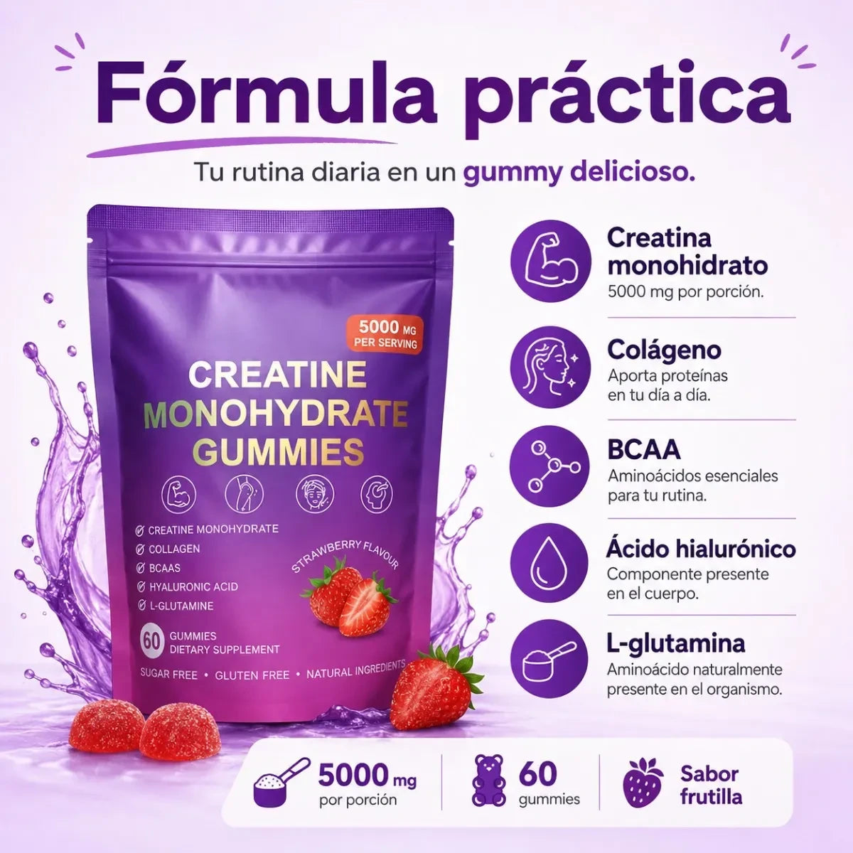 Creatina Monohidratada En Gomitas Mujer Sabor Frutilla