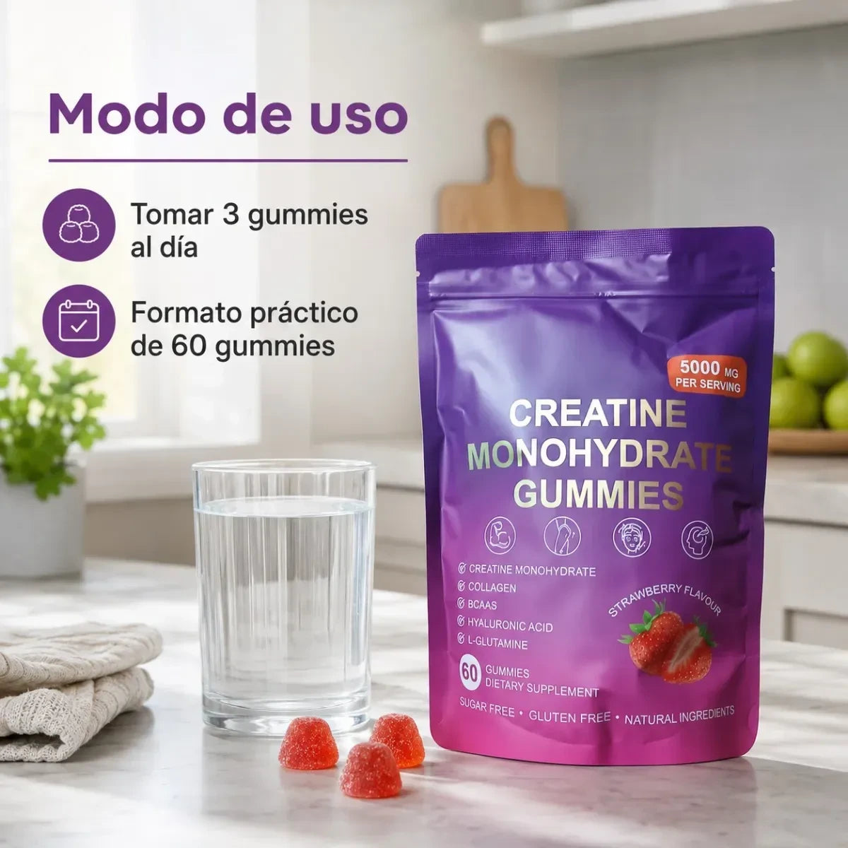 Creatina Monohidratada En Gomitas Mujer Sabor Frutilla